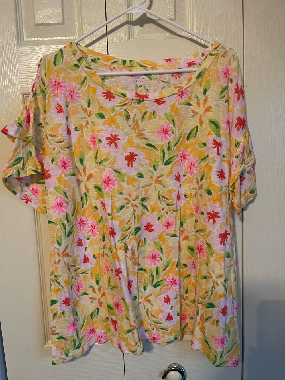 crown & ivy Yellow Floral Short Sleeve Tee with Pink and Green Accents